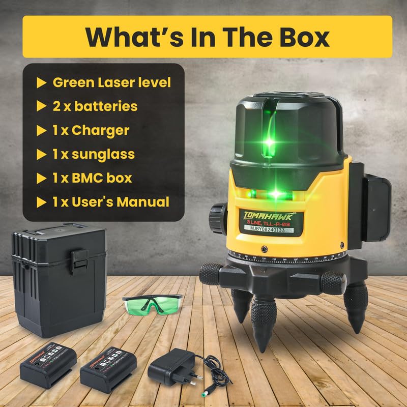 TOMAHAWK® TLL-A-03 3-Line Green Laser Level | Self-Levelling | Horizontal & Vertical Lines