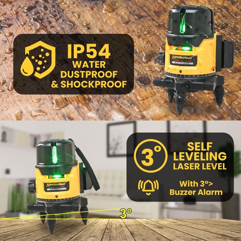 TOMAHAWK® TLL-A-03 3-Line Green Laser Level | Self-Levelling | Horizontal & Vertical Lines