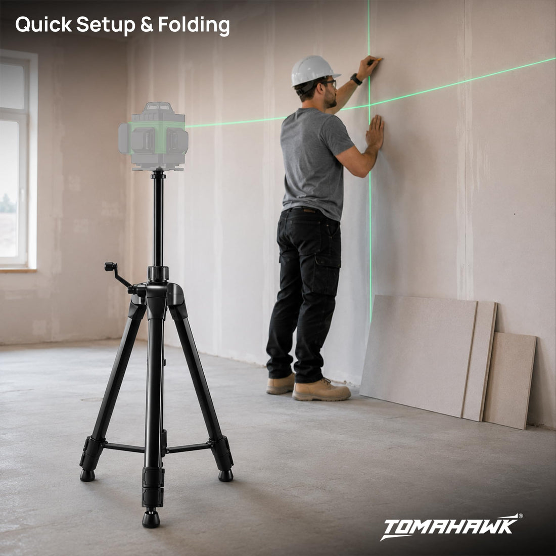 TOMAHAWK® TP-2m Aluminium Laser Tripod | 2 m | 3-Way Pan Head | Bubble Level | 5/8" Thread