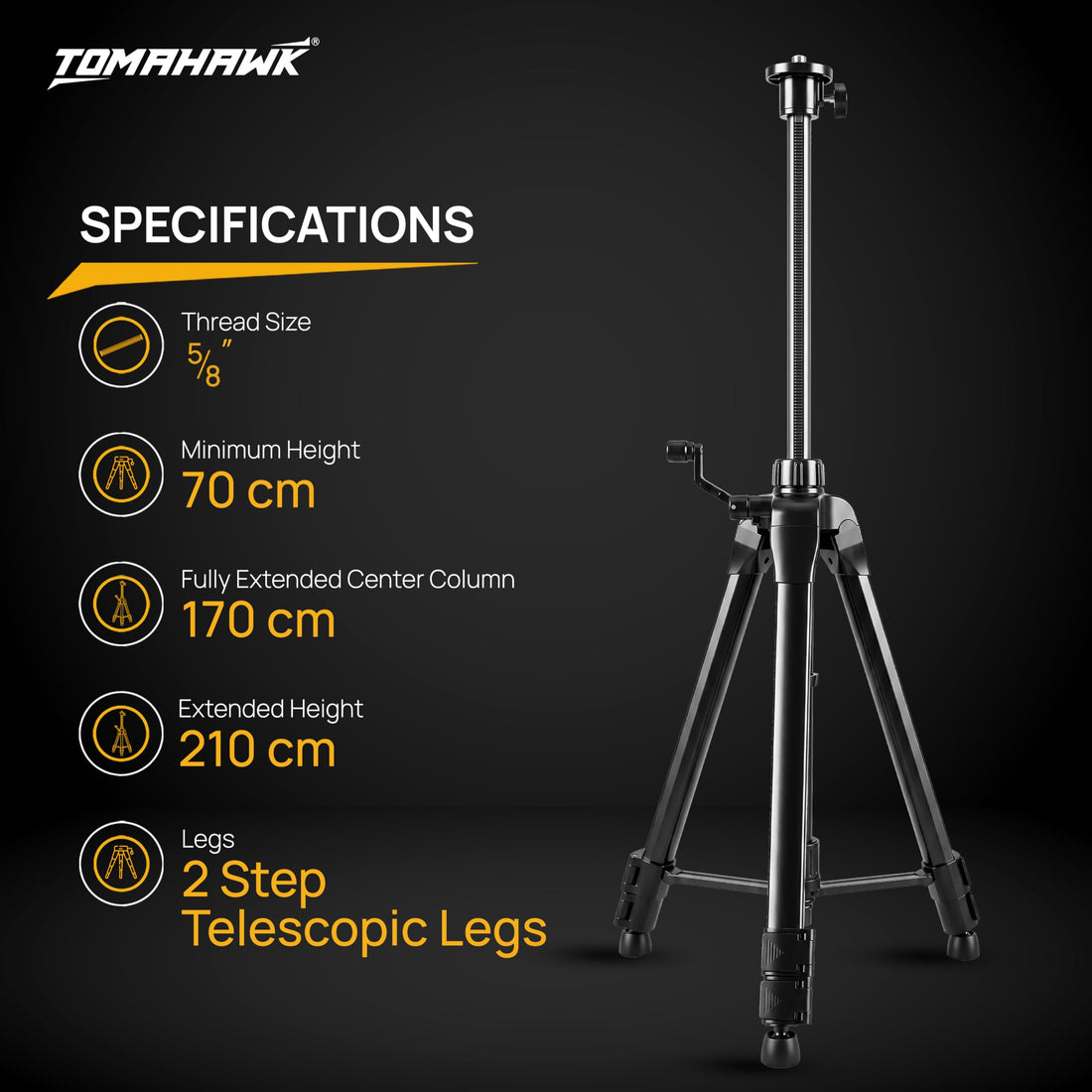TOMAHAWK® TP-2m Aluminium Laser Tripod | 2 m | 3-Way Pan Head | Bubble Level | 5/8" Thread