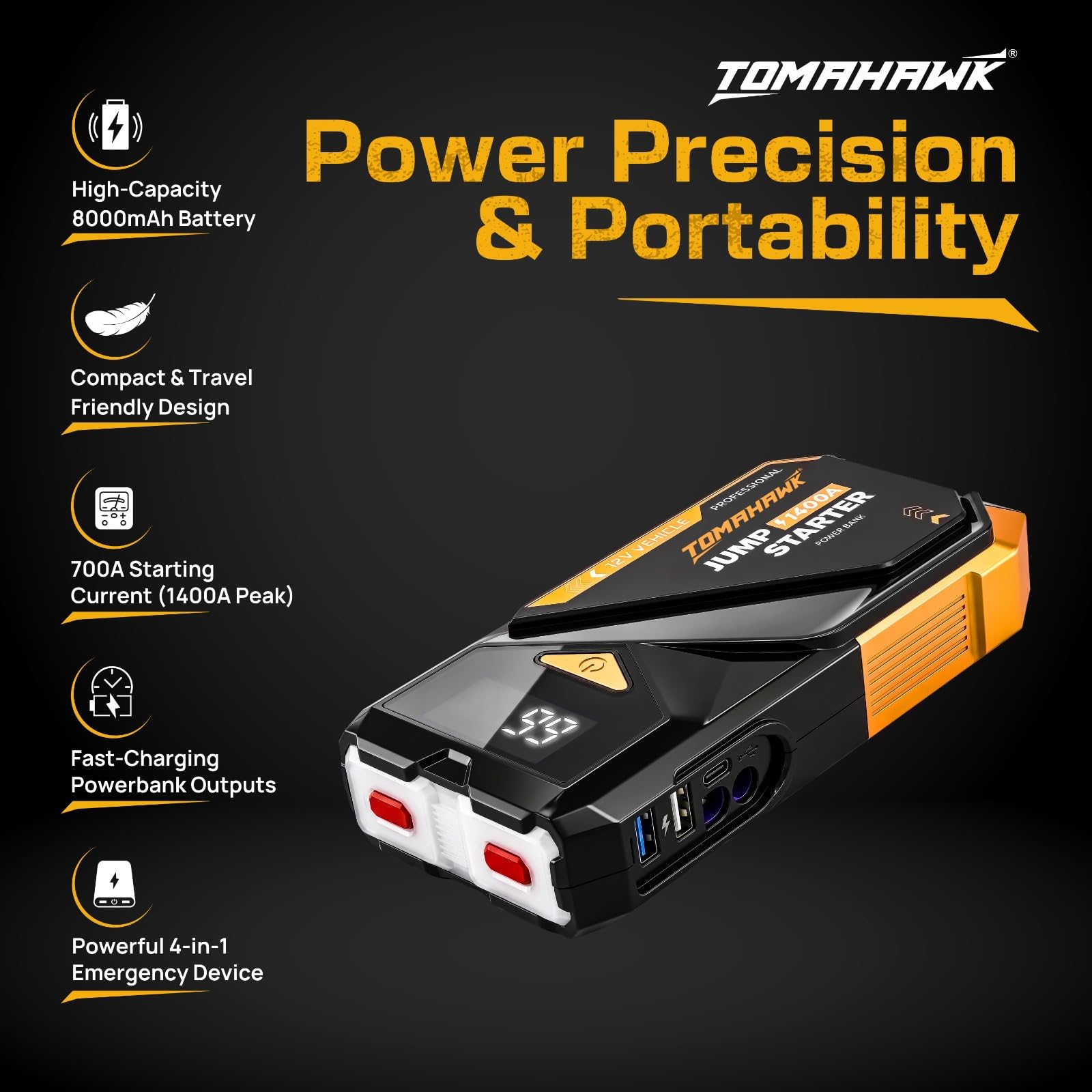 TOMAHAWK JUM-5635 jump starter — in use starting a car