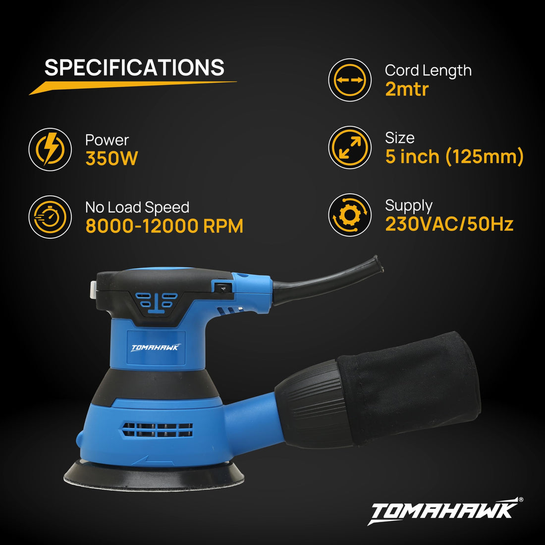 TOMAHAWK® TFS-3700 Random Orbital Sander | 350W | 125 mm (5 Inch) Pad | 6 Speeds