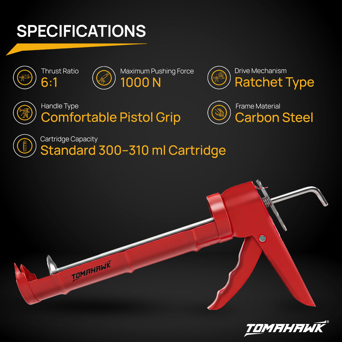 TOMAHAWK TCG-6A caulking gun — applying sealant in use