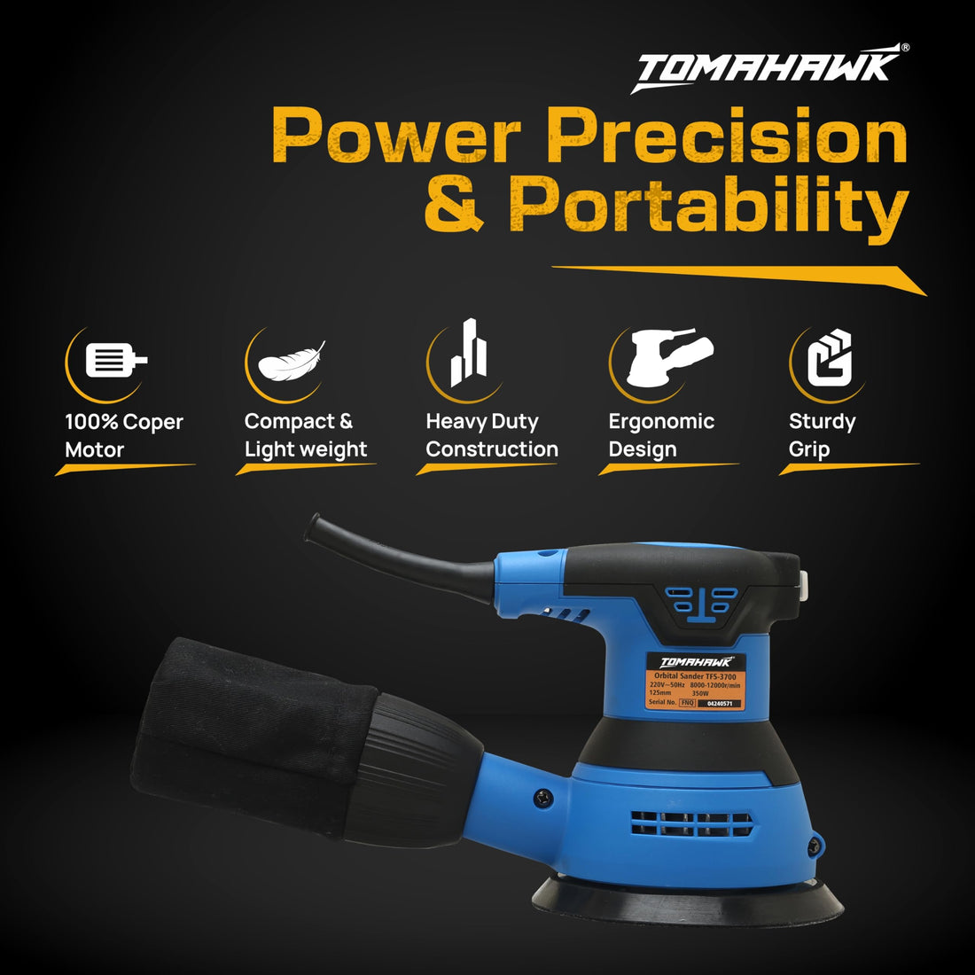 TOMAHAWK® TFS-3700 Random Orbital Sander | 350W | 125 mm (5 Inch) Pad | 6 Speeds