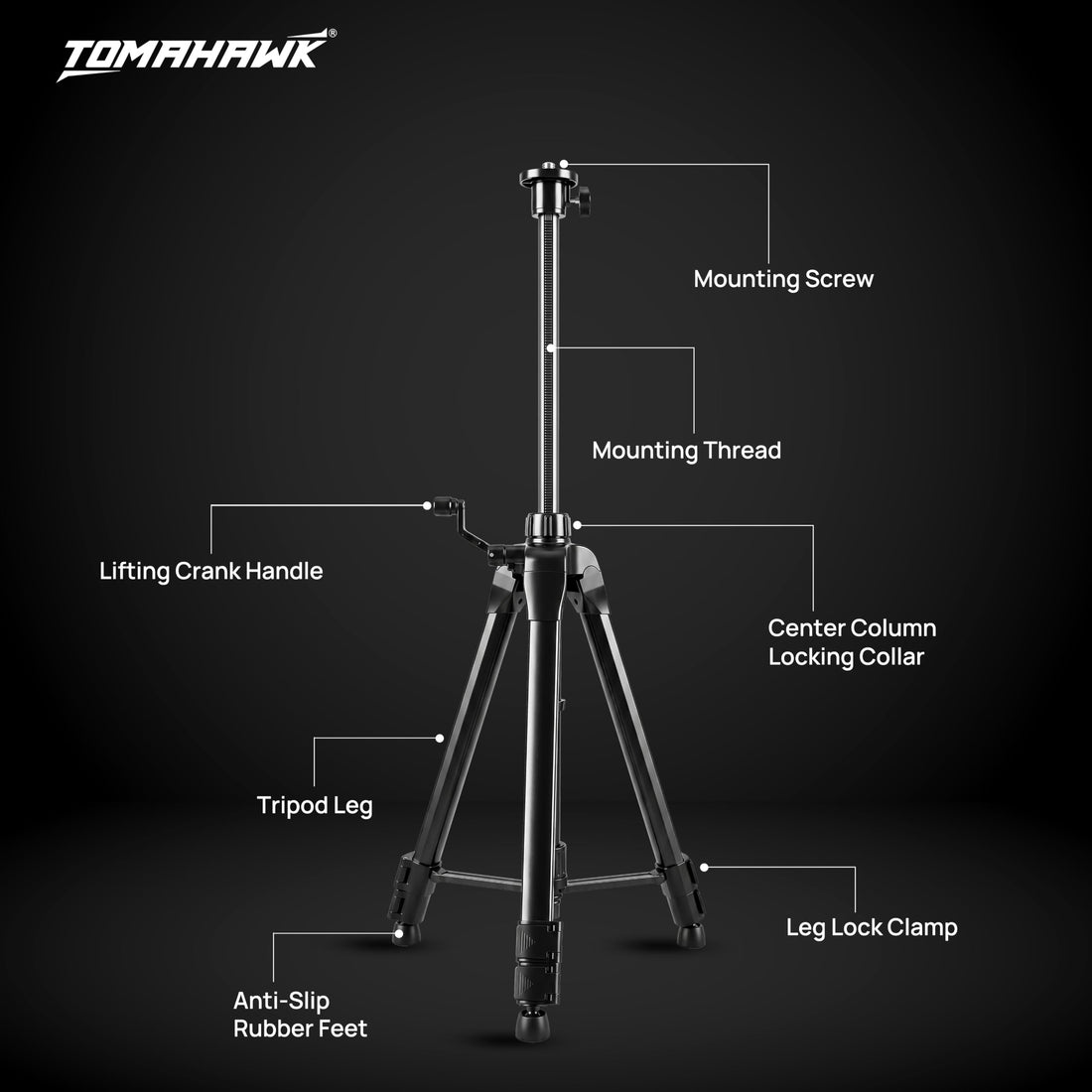 TOMAHAWK® TP-2m Aluminium Laser Tripod | 2 m | 3-Way Pan Head | Bubble Level | 5/8" Thread