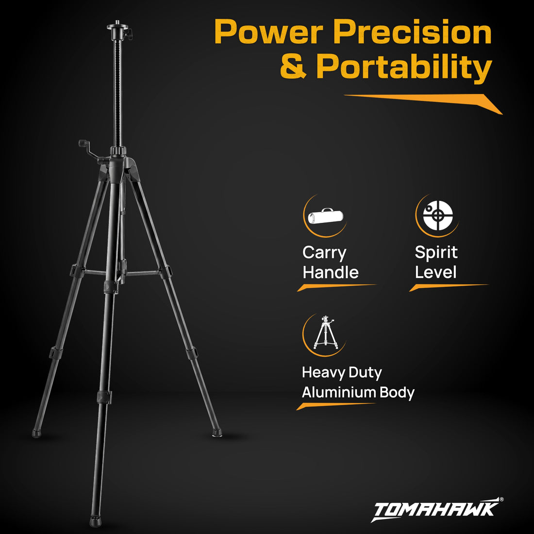TOMAHAWK® TP-2m Aluminium Laser Tripod | 2 m | 3-Way Pan Head | Bubble Level | 5/8" Thread