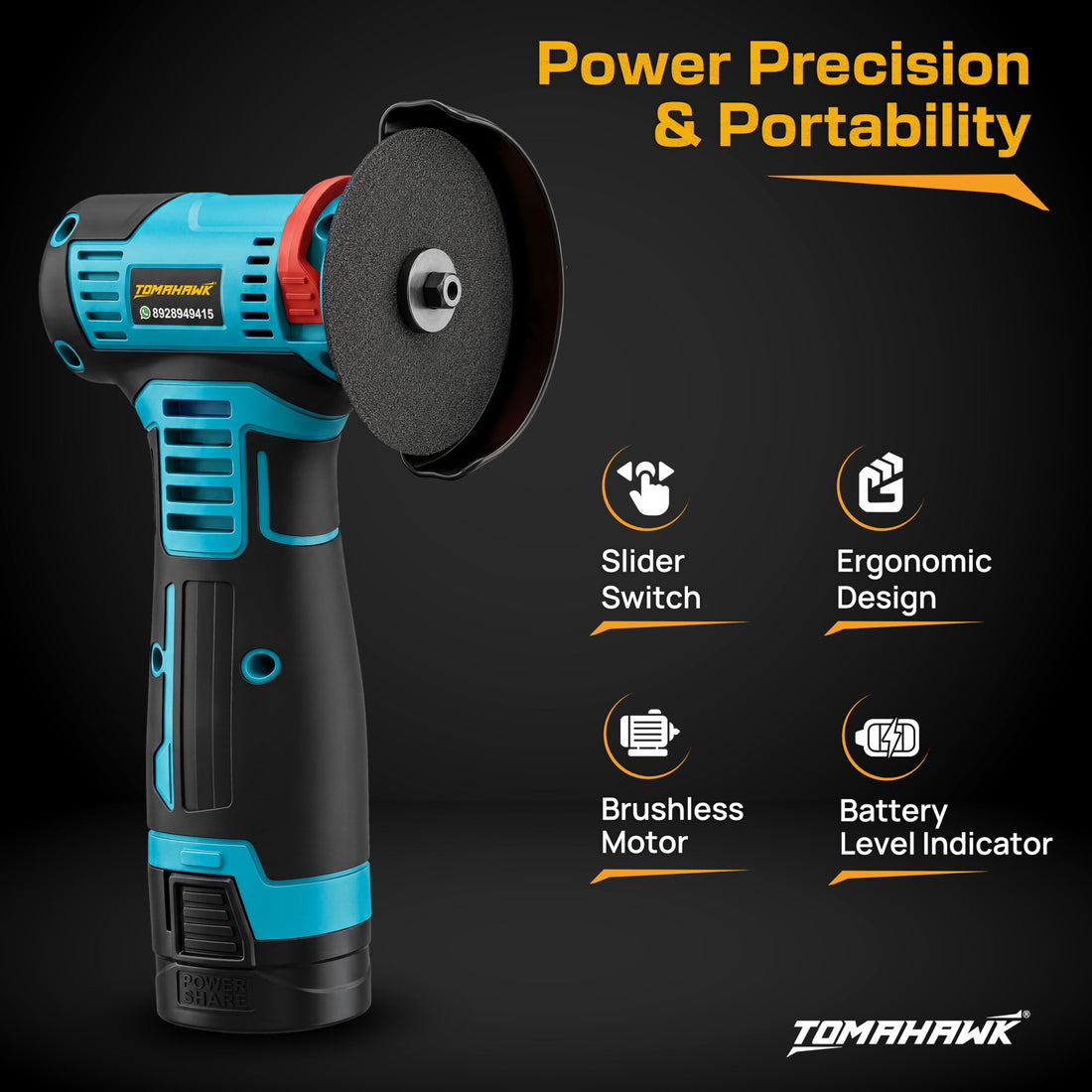 TOMAHAWK® CMG-12B Cordless Mini Angle Grinder | 12V | 3 Inch | 19,500 RPM | 2 x 1.5Ah