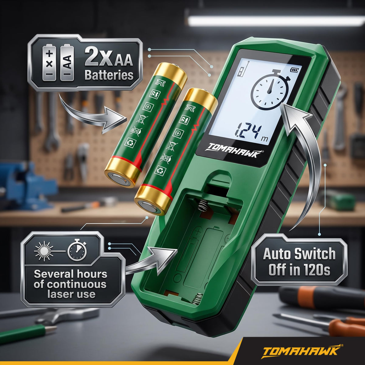 TOMAHAWK® TGR-060 Laser Distance Meter Measurer 196Ft/60M with Area