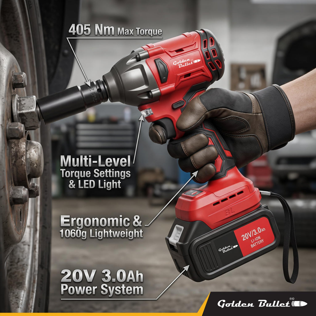 GOLDEN BULLET® CIW-2145 Brushless Cordless Impact Wrench | 20V | 405 Nm | ½" Drive | 2 x 3.0Ah
