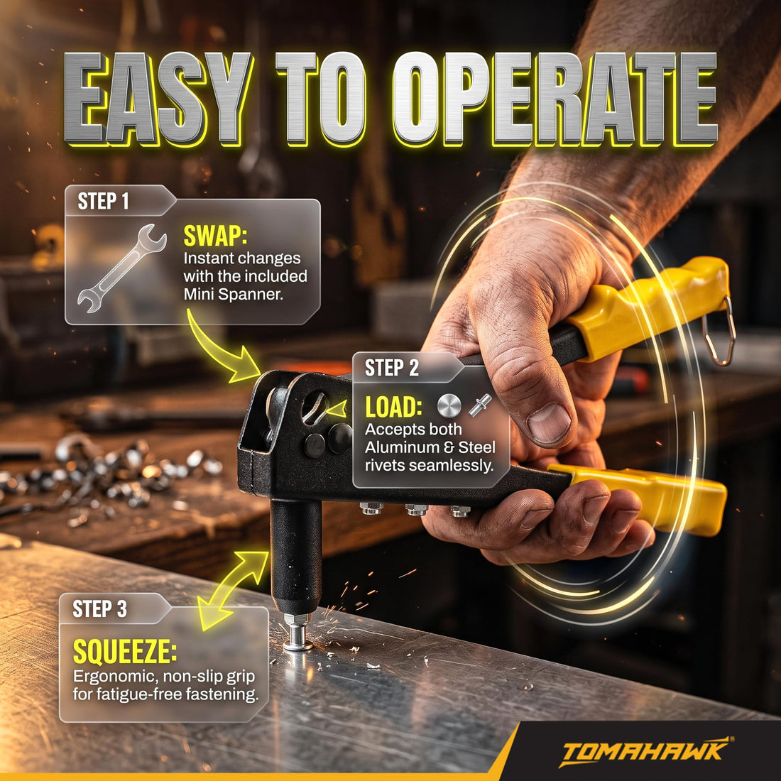 TOMAHAWK® HR-061 Heavy Duty Hand Riveter Set | 4 Nozzle Sizes | Nickel-Plated Steel
