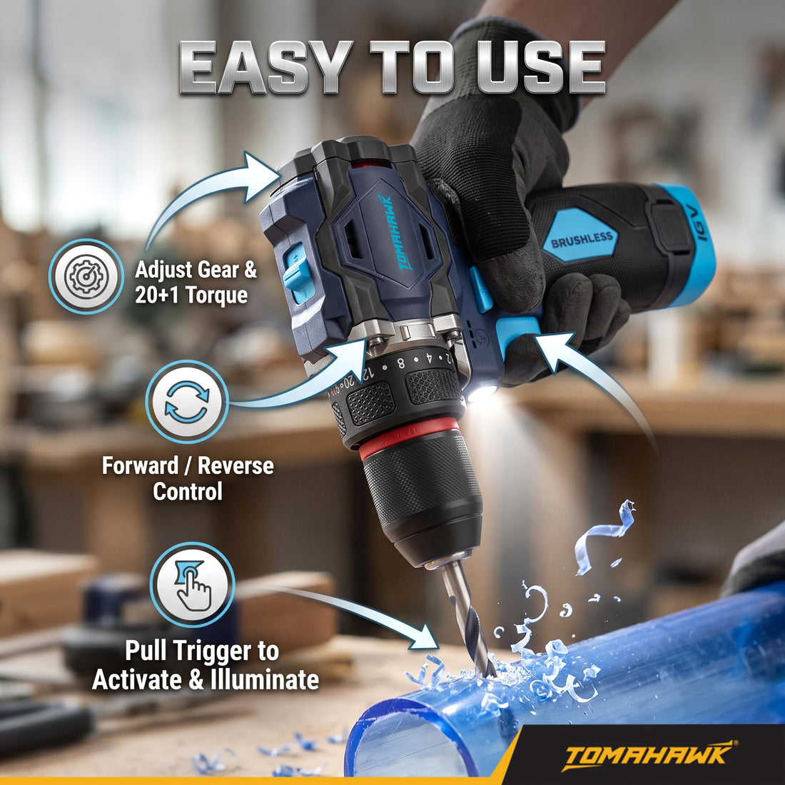 TOMAHAWK® BSD-999 Brushless Cordless Drill & Screwdriver Kit | 16V | 50 Nm | 2 x 2.0Ah