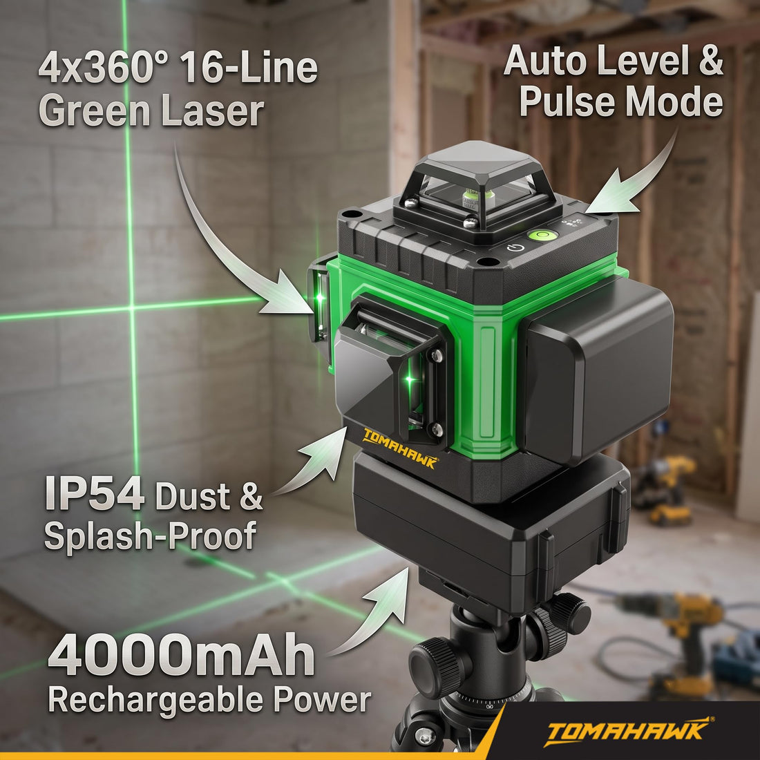 TOMAHAWK® BMT-1667 16-Line Green Laser Level Kit | 4D 4x360° | Remote | with 12" Spirit Level