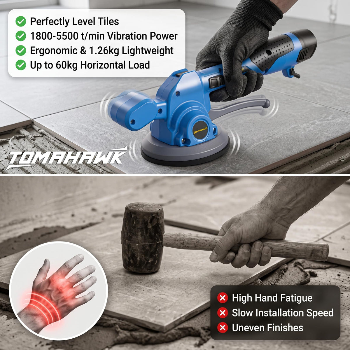 TOMAHAWK® TLM-2425-12V Cordless Tile Vibrator & Tile Laying Machine