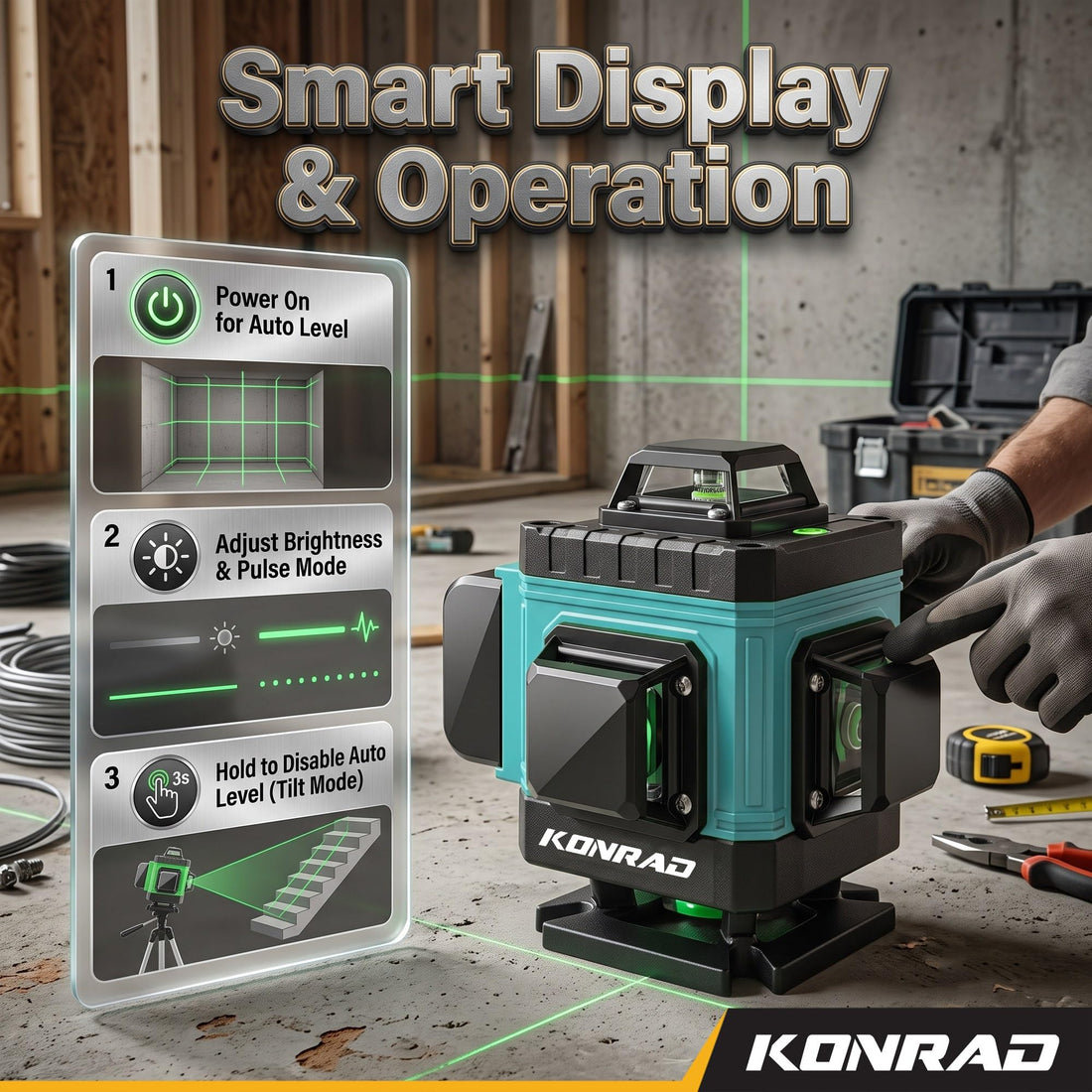 TOMAHAWK® KLL-16A Konrad® 16-Line Green Laser Level | 4D 4x360° | 30 m | ±1 mm/7 m | 2 Batteries