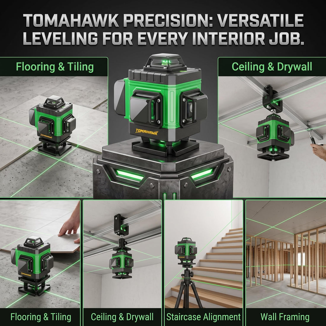 TOMAHAWK® BMT-1667 16-Line Green Laser Level Kit | 4D 4x360° | Remote | with 12" Spirit Level
