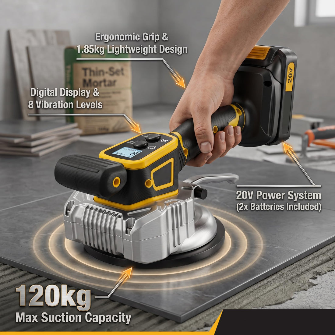 TOMAHAWK® TCTV-20A Cordless Tile Laying & Levelling Machine | 20V | 150 mm Suction Base | 2 x 2.0Ah