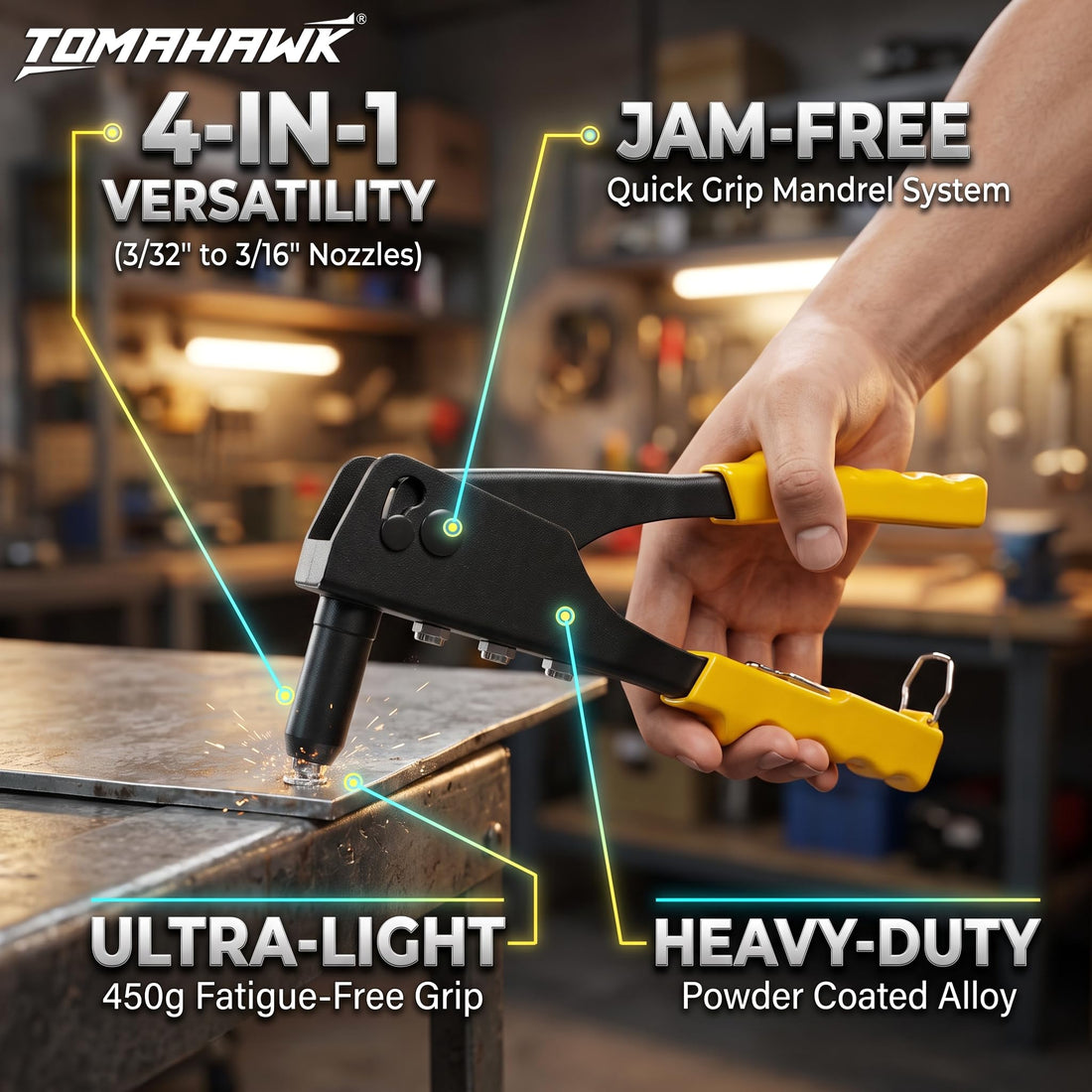 TOMAHAWK® HR-061 Heavy Duty Hand Riveter Set | 4 Nozzle Sizes | Nickel-Plated Steel