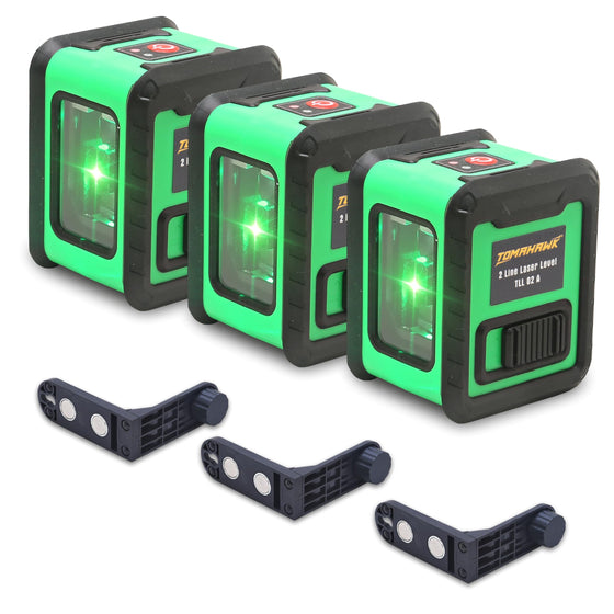TOMAHAWK® TLL-02 2-Line Green Laser Level | Pack of 3 | 360° Magnetic Base | 98 ft