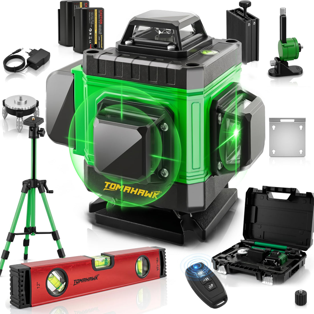 TOMAHAWK® BMT-1667 16-Line Green Laser Level Kit | 4D 4x360° | Remote | with 12" Spirit Level