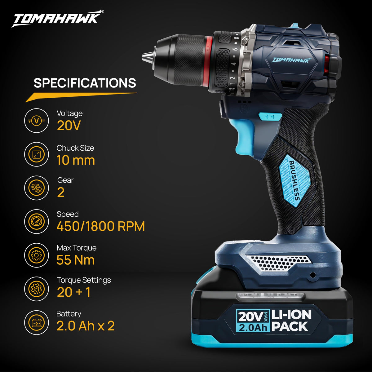 TOMAHAWK BSD-2010-20V Brushless Cordless Drill Machine & Screwdriver — product image 4