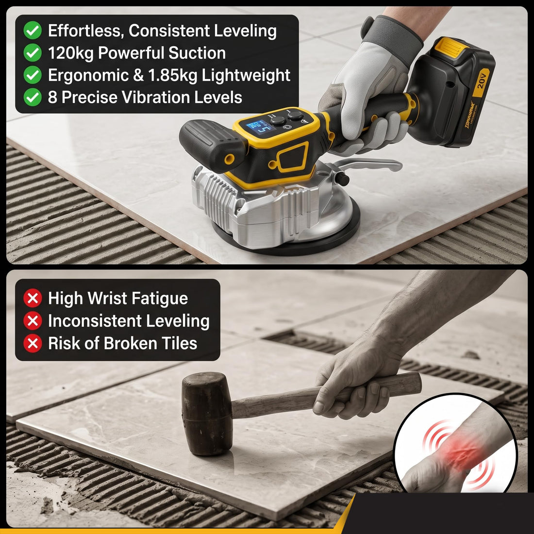 TOMAHAWK® TCTV-20A Cordless Tile Laying & Levelling Machine | 20V | 150 mm Suction Base | 2 x 2.0Ah