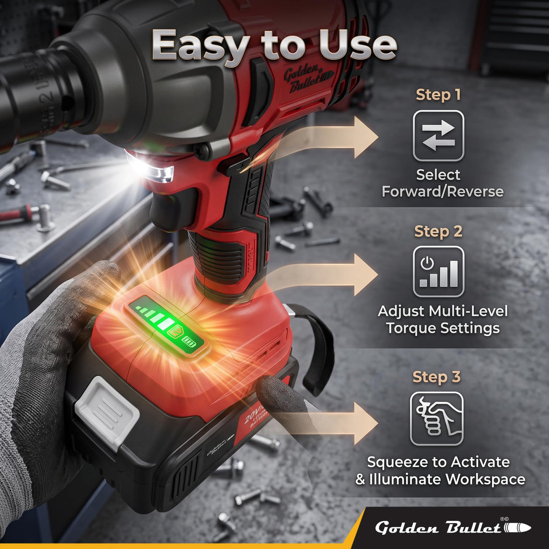 GOLDEN BULLET® CIW-2145 Brushless Cordless Impact Wrench | 20V | 405 Nm | ½" Drive | 2 x 3.0Ah