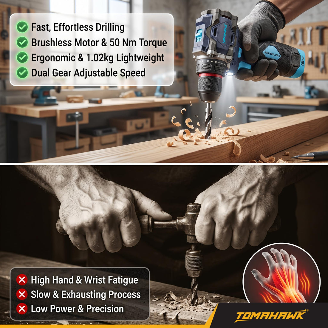 TOMAHAWK® BSD-999 Brushless Cordless Drill & Screwdriver Kit | 16V | 50 Nm | 2 x 2.0Ah