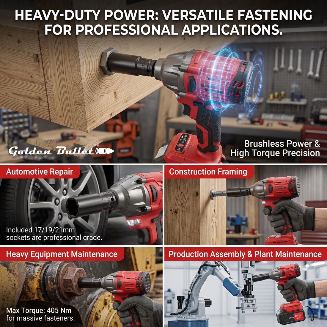 GOLDEN BULLET® CIW-2145 Brushless Cordless Impact Wrench | 20V | 405 Nm | ½" Drive | 2 x 3.0Ah