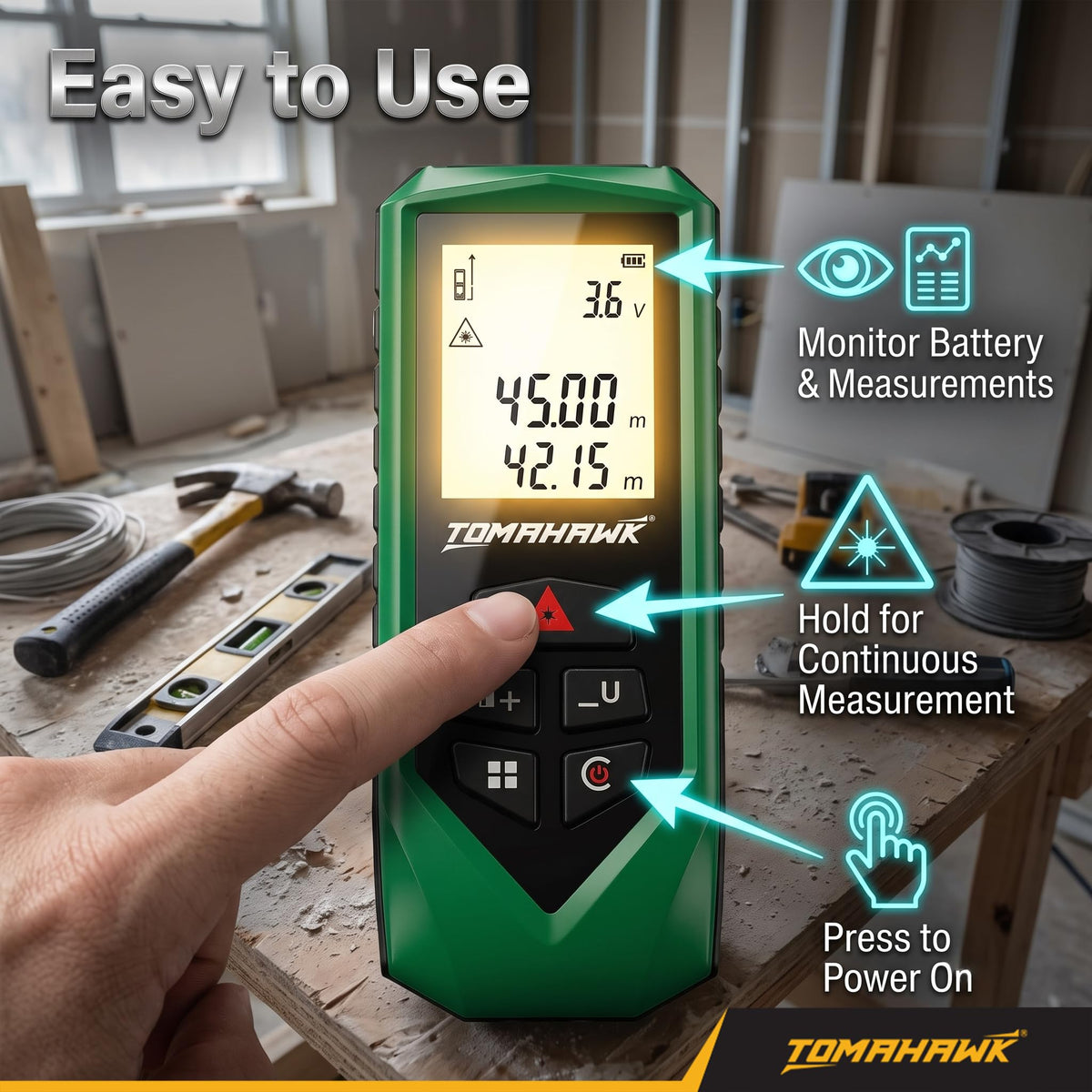 TOMAHAWK® TGR-060 Laser Distance Meter Measurer 196Ft/60M with Area