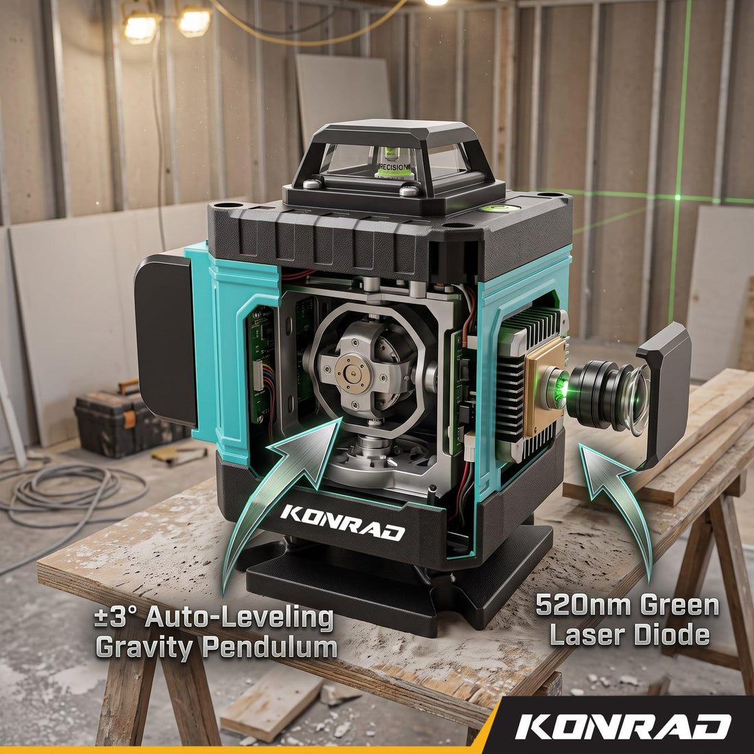 TOMAHAWK® KLL-16A Konrad® 16-Line Green Laser Level | 4D 4x360° | 30 m | ±1 mm/7 m | 2 Batteries