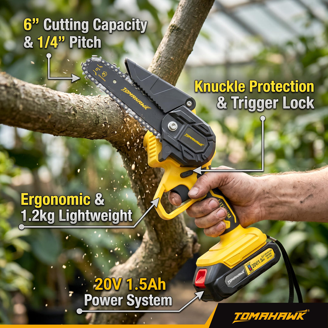 TOMAHAWK® SAW-6001 Cordless Mini Chainsaw | 6 Inch | 20V | 2 x 1.5Ah Batteries