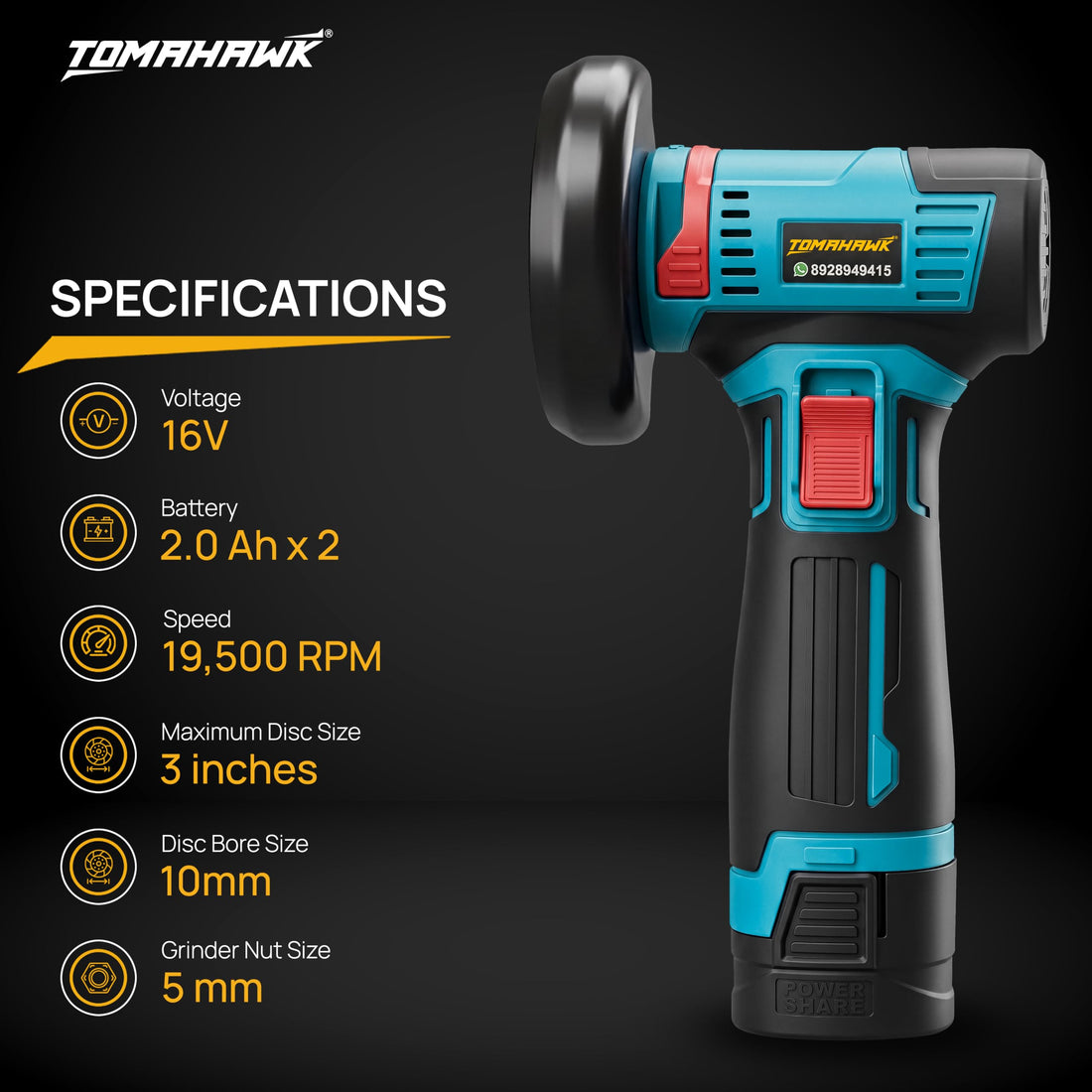 TOMAHAWK® CMG-12B Cordless Mini Angle Grinder | 12V | 3 Inch | 19,500 RPM | 2 x 1.5Ah