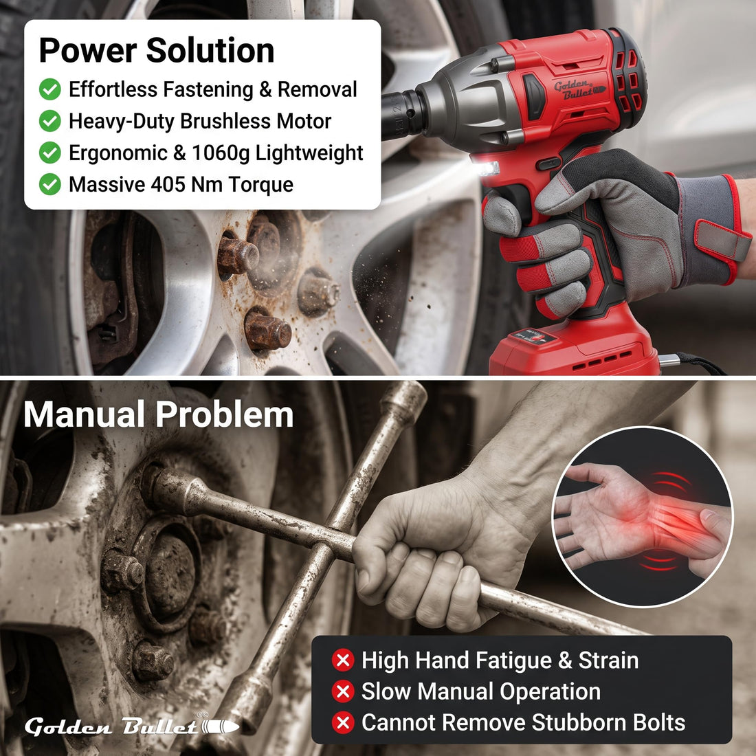 GOLDEN BULLET® CIW-2145 Brushless Cordless Impact Wrench | 20V | 405 Nm | ½" Drive | 2 x 3.0Ah