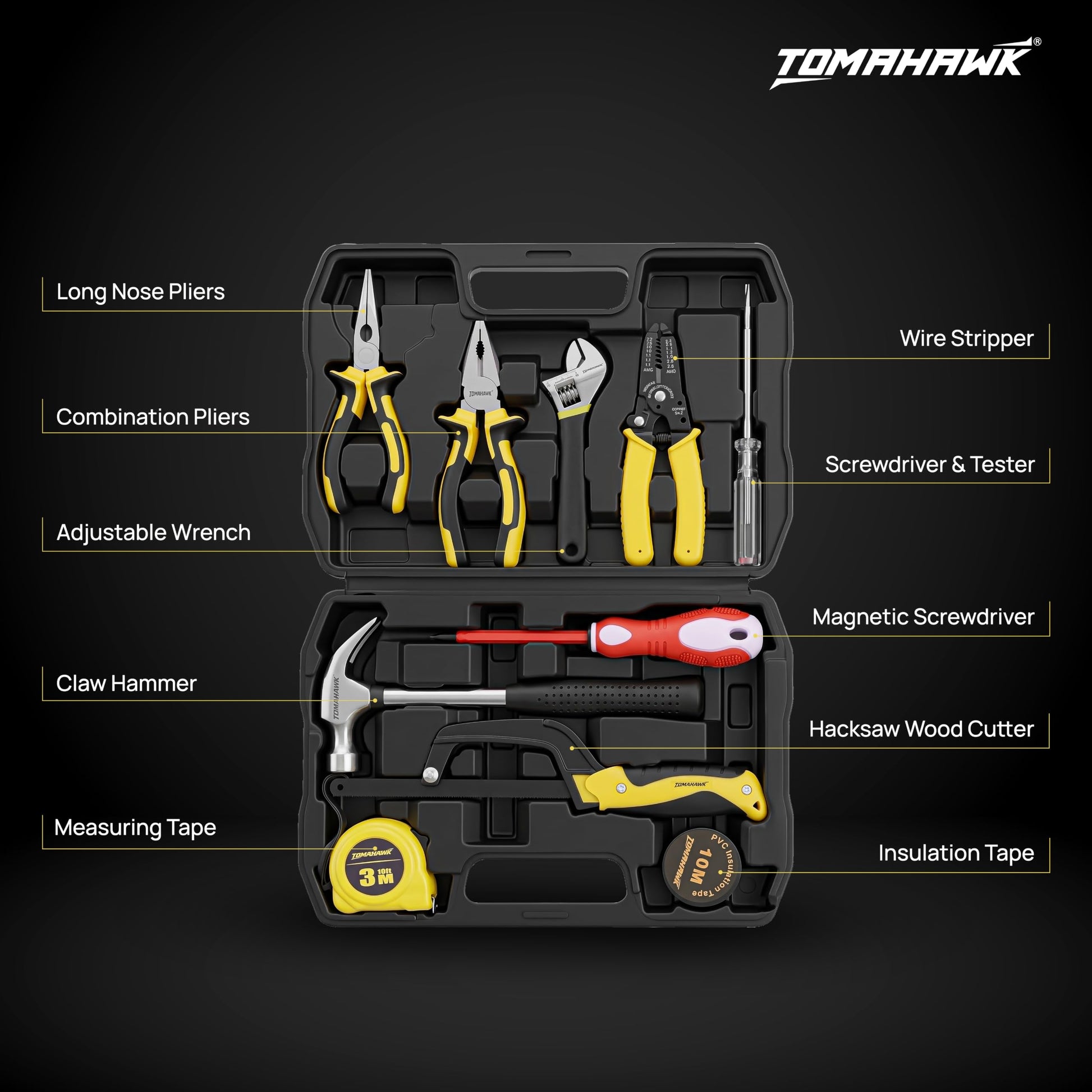 TOMAHAWK ELE-1110 electrician kit — tools laid out in case