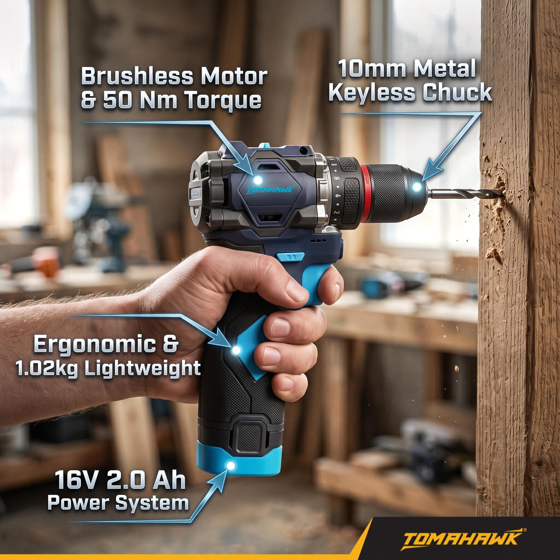 TOMAHAWK® BSD-999 Brushless Cordless Drill & Screwdriver Kit | 16V | 50 Nm | 2 x 2.0Ah