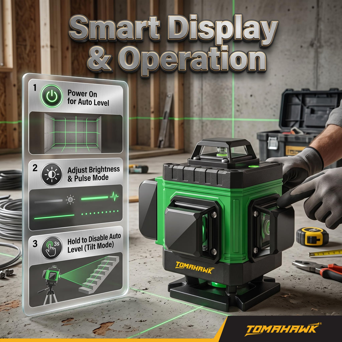 TOMAHAWK® BMT-1667 16-Line Green Laser Level Kit | 4D 4x360° | Remote | with 12" Spirit Level