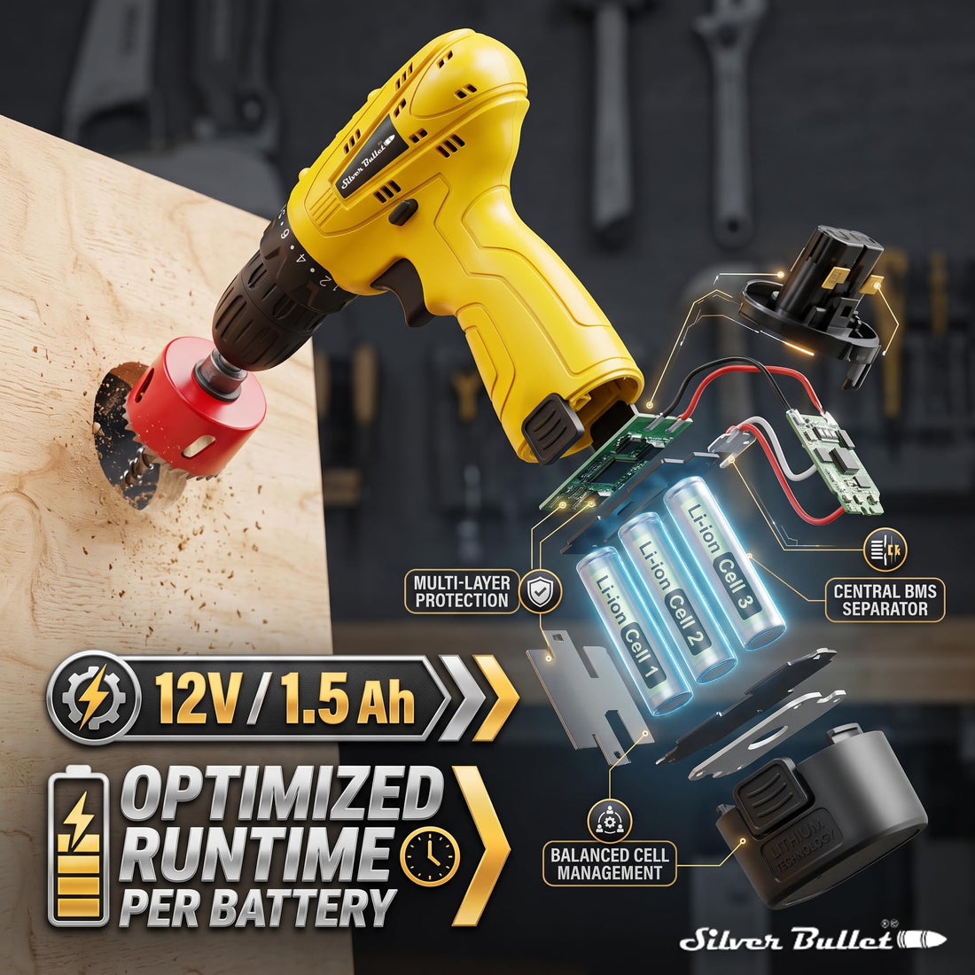 GOLDEN BULLET® GBD-3693 12V Cordless Drill & Screwdriver | 24 Nm | 10 mm Keyless Chuck | 1.5Ah Battery