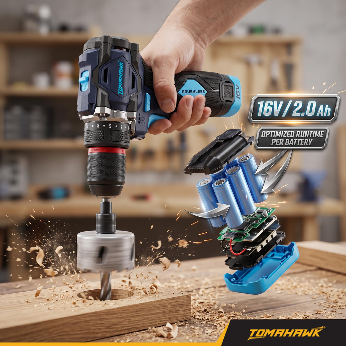 TOMAHAWK® BSD-999 Brushless Cordless Drill & Screwdriver Kit | 16V | 50 Nm | 2 x 2.0Ah