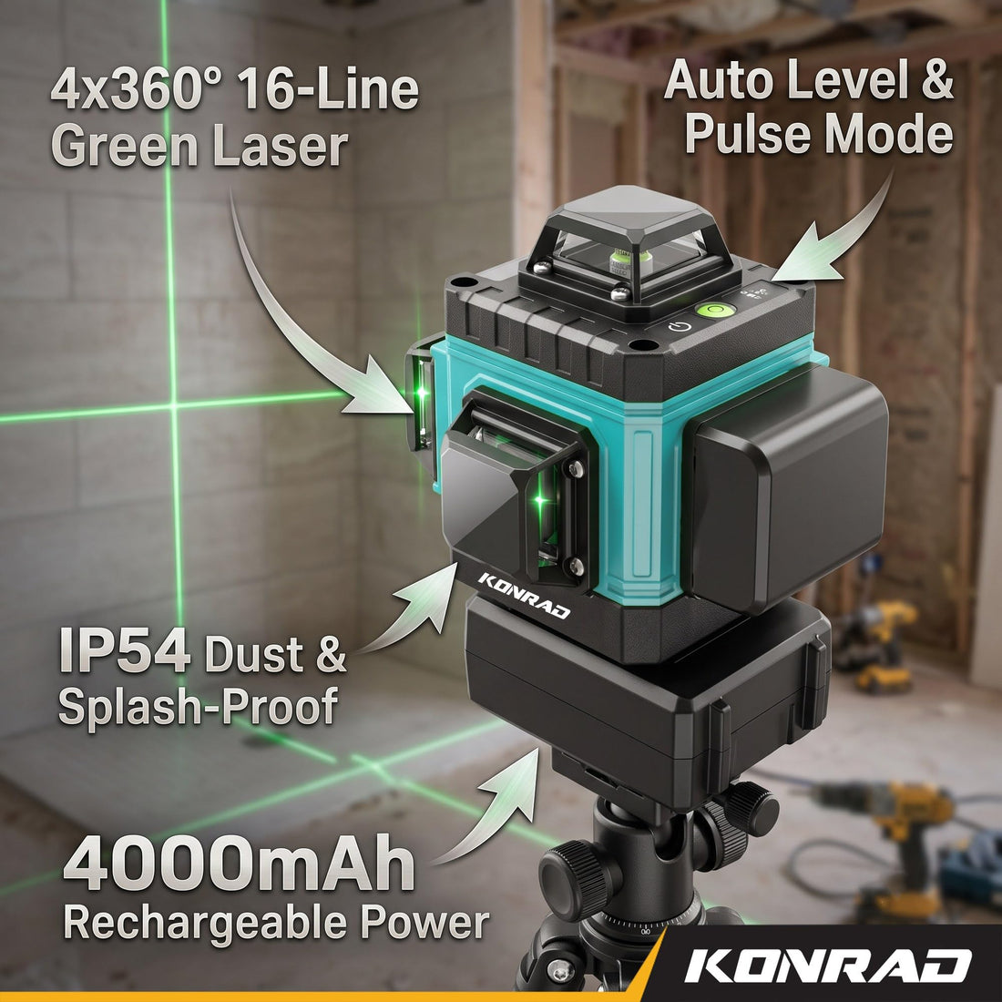 TOMAHAWK® KLL-16A Konrad® 16-Line Green Laser Level | 4D 4x360° | 30 m | ±1 mm/7 m | 2 Batteries