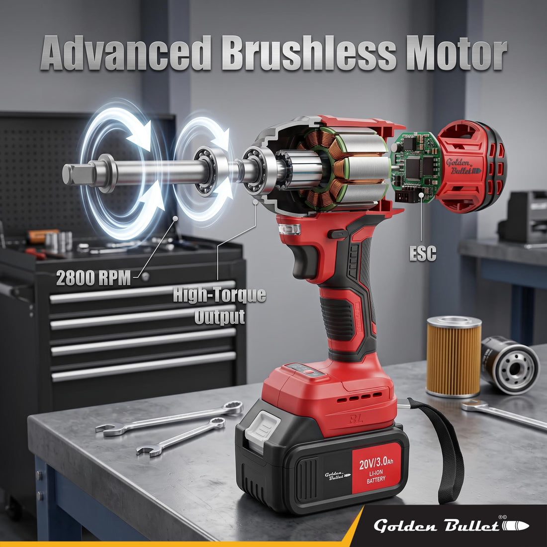 GOLDEN BULLET® CIW-2145 Brushless Cordless Impact Wrench | 20V | 405 Nm | ½" Drive | 2 x 3.0Ah