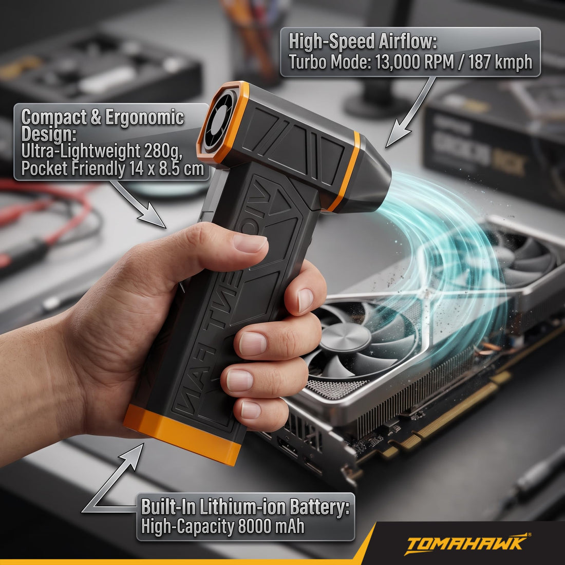 TOMAHAWK® JET-4444 Mini Turbo Jet Blower | Brushless | 8000mAh | USB-C Rechargeable