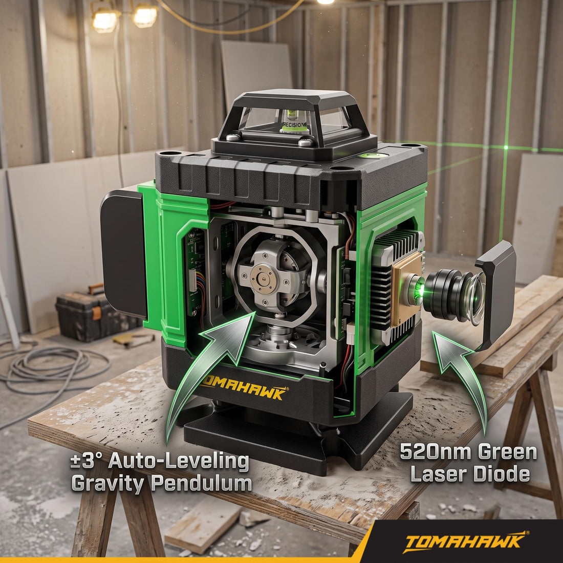 TOMAHAWK® BMT-1667 16-Line Green Laser Level Kit | 4D 4x360° | Remote | with 12" Spirit Level