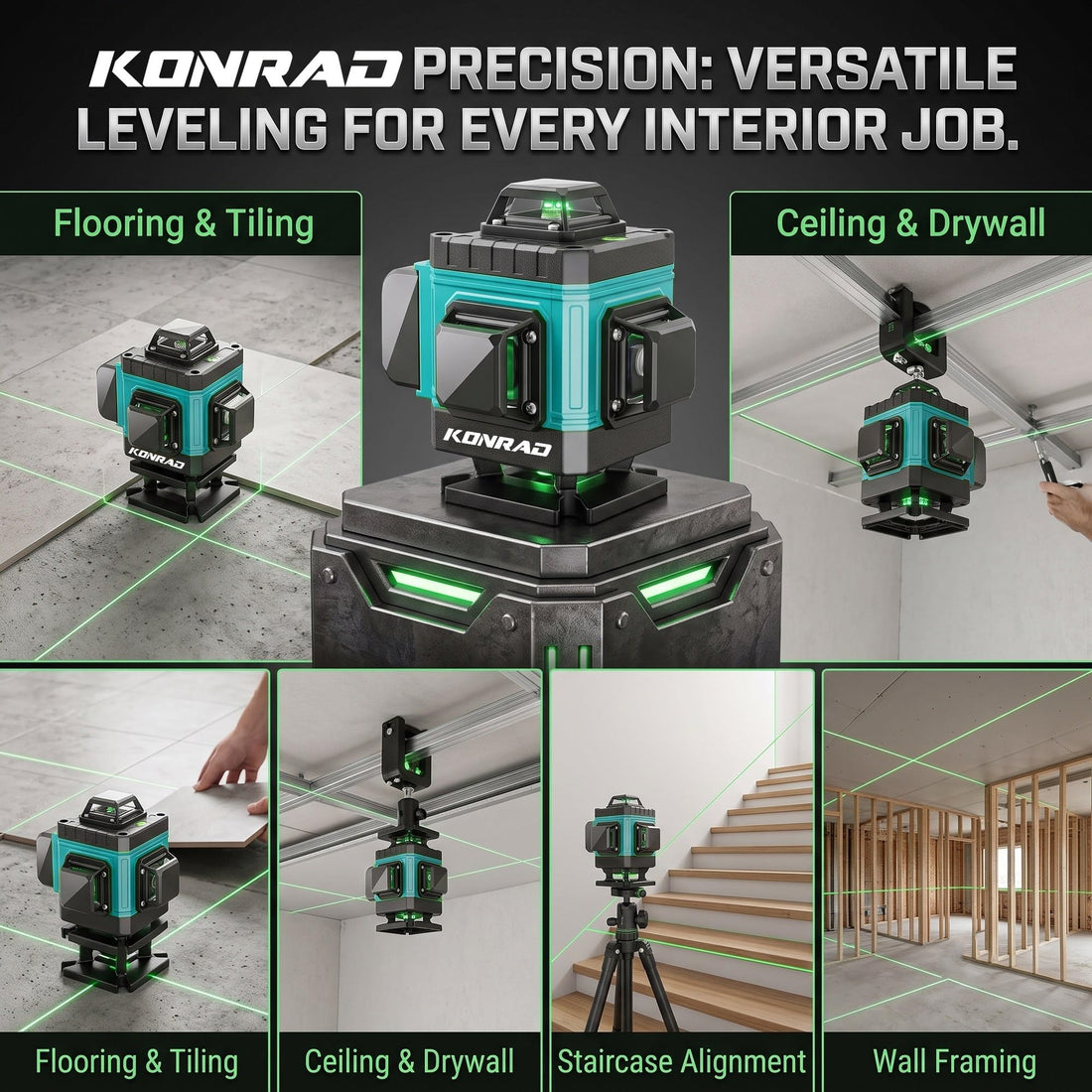 TOMAHAWK® KLL-16A Konrad® 16-Line Green Laser Level | 4D 4x360° | 30 m | ±1 mm/7 m | 2 Batteries