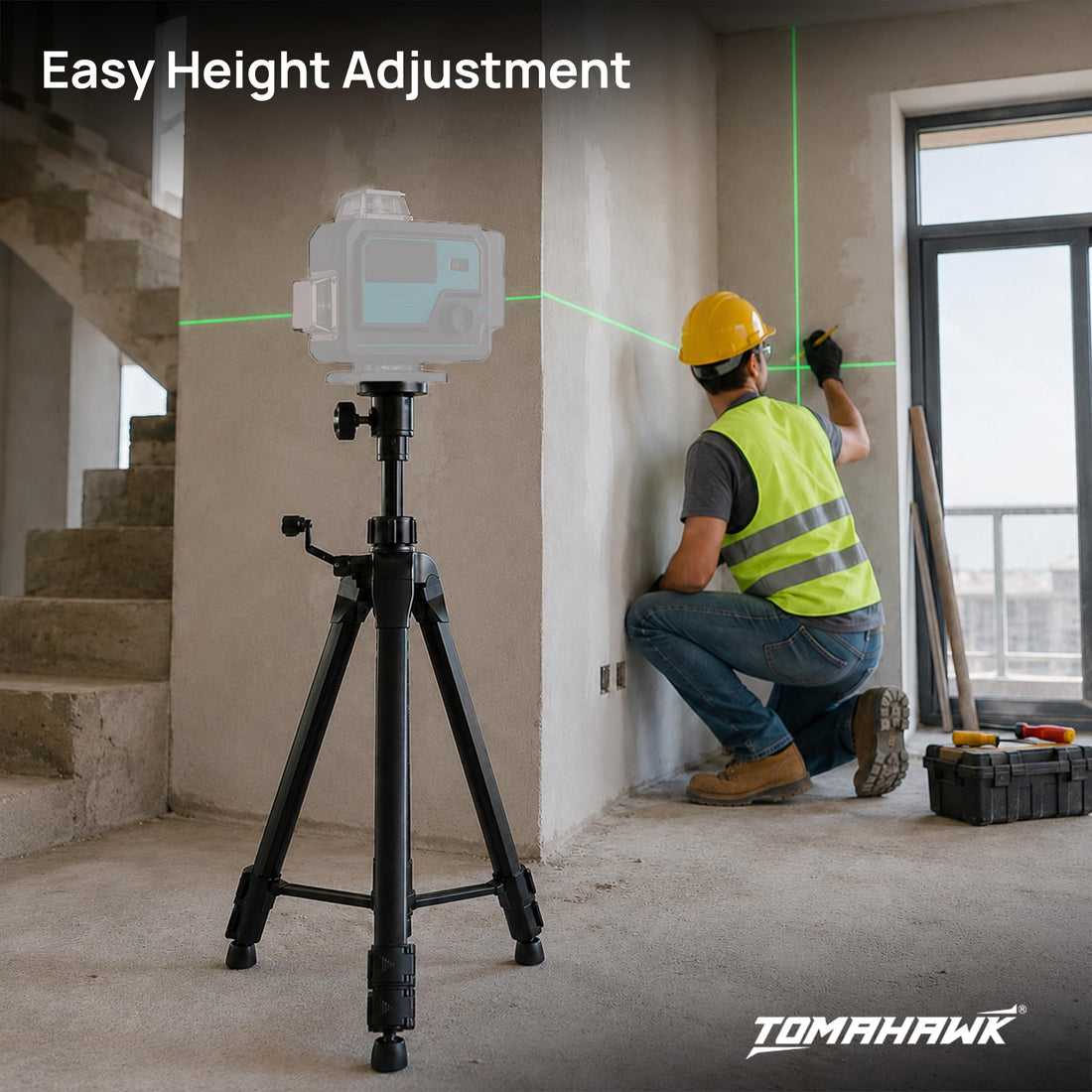 TOMAHAWK® TP-2m Aluminium Laser Tripod | 2 m | 3-Way Pan Head | Bubble Level | 5/8" Thread