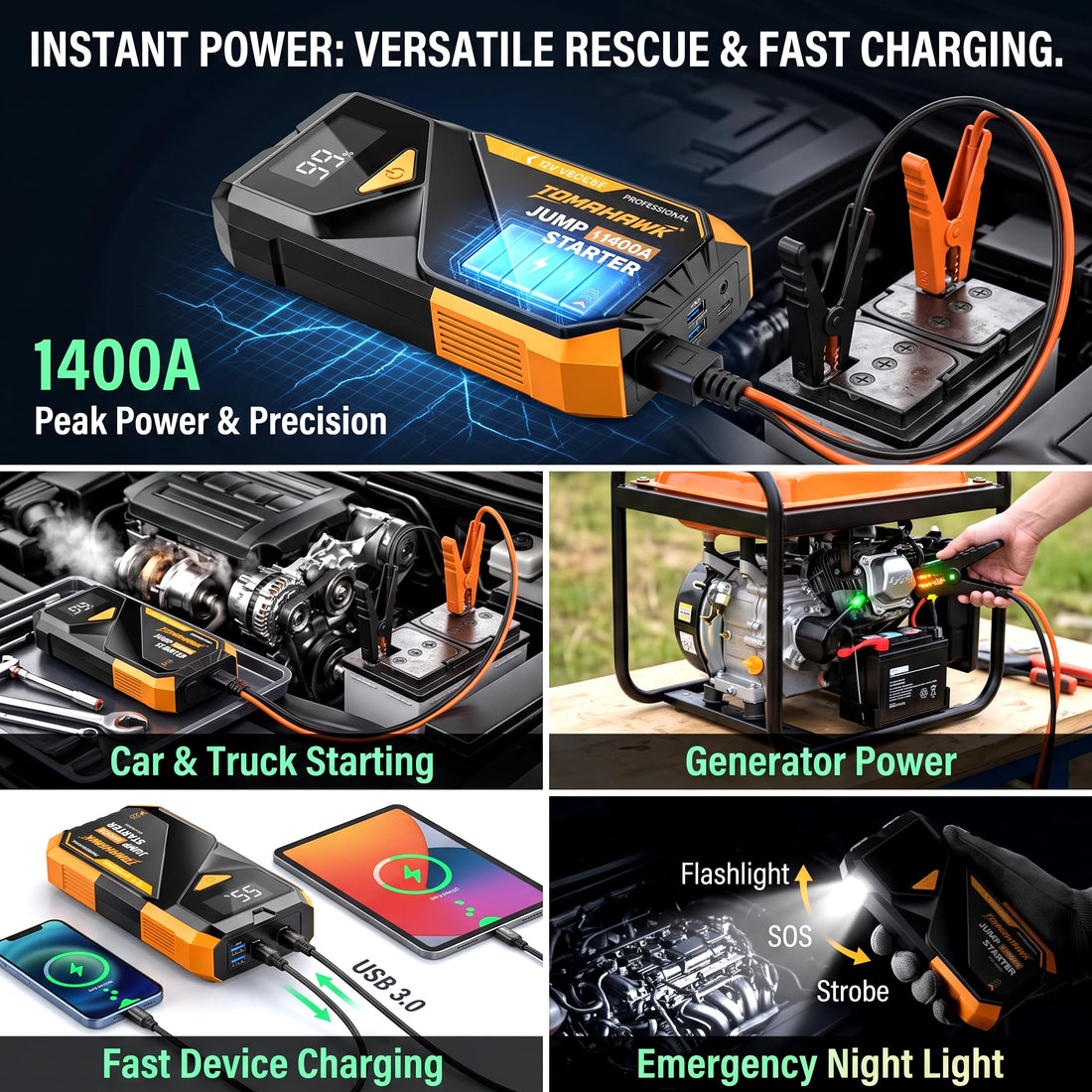 TOMAHAWK® JUM-5635 Car Jump Starter & Power Bank | 700A (1400A Peak) | 8000mAh