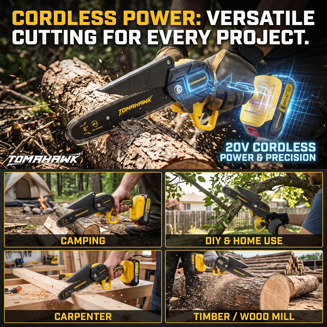 TOMAHAWK® SAW-6001 Cordless Mini Chainsaw | 6 Inch | 20V | 2 x 1.5Ah Batteries