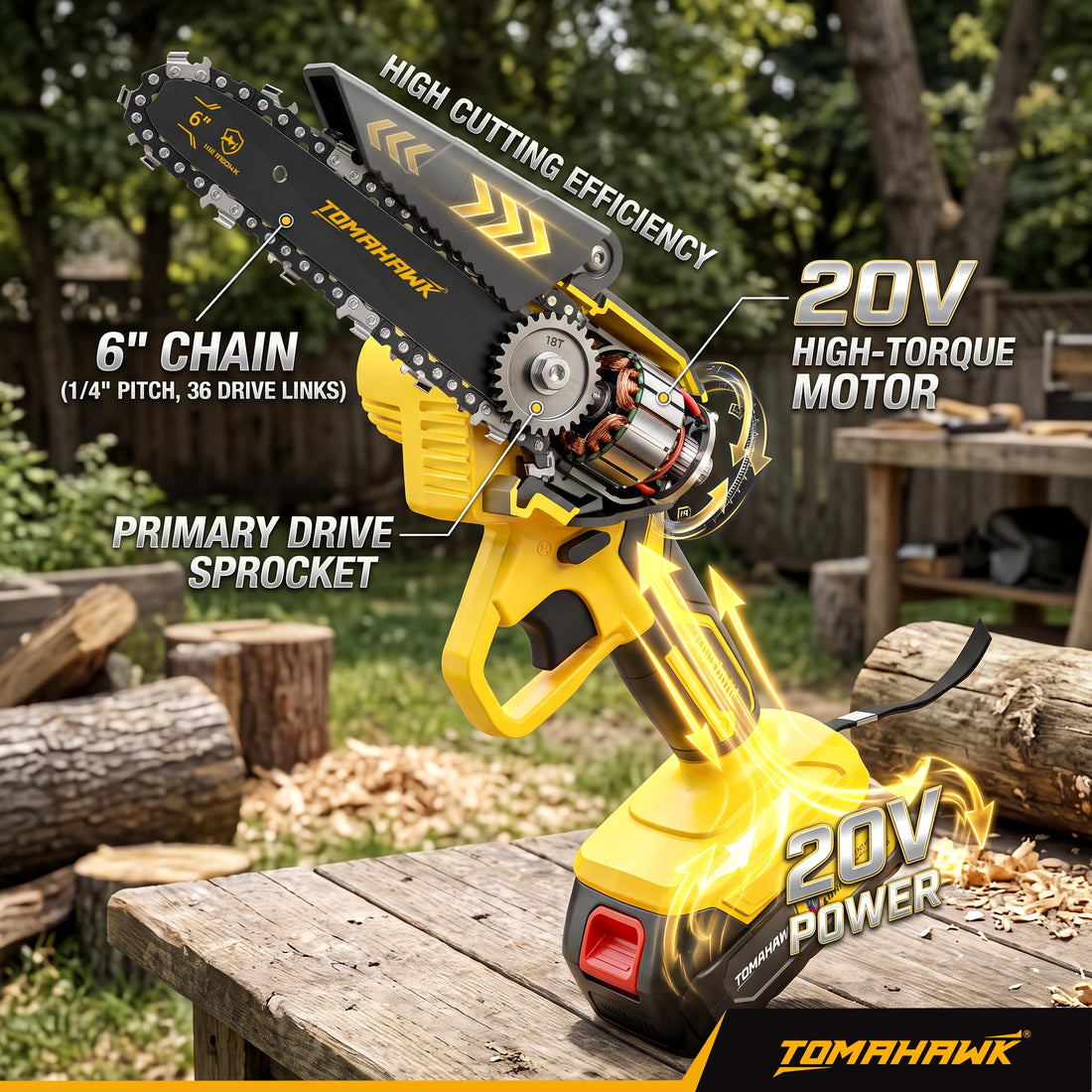 TOMAHAWK® SAW-6001 Cordless Mini Chainsaw | 6 Inch | 20V | 2 x 1.5Ah Batteries