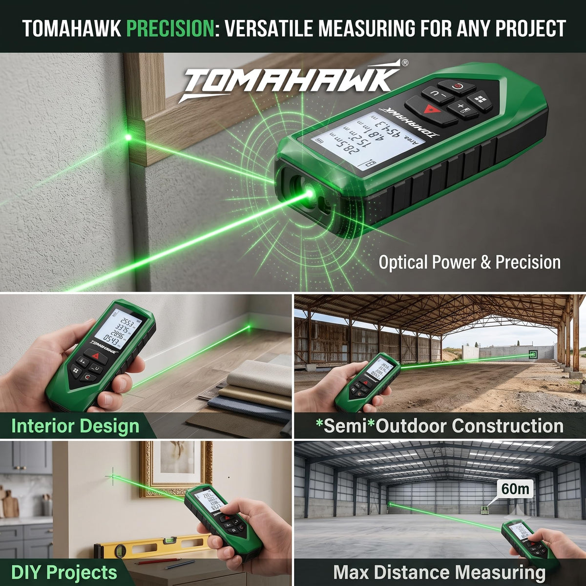 TOMAHAWK® TGR-060 Laser Distance Meter Measurer 196Ft/60M with Area