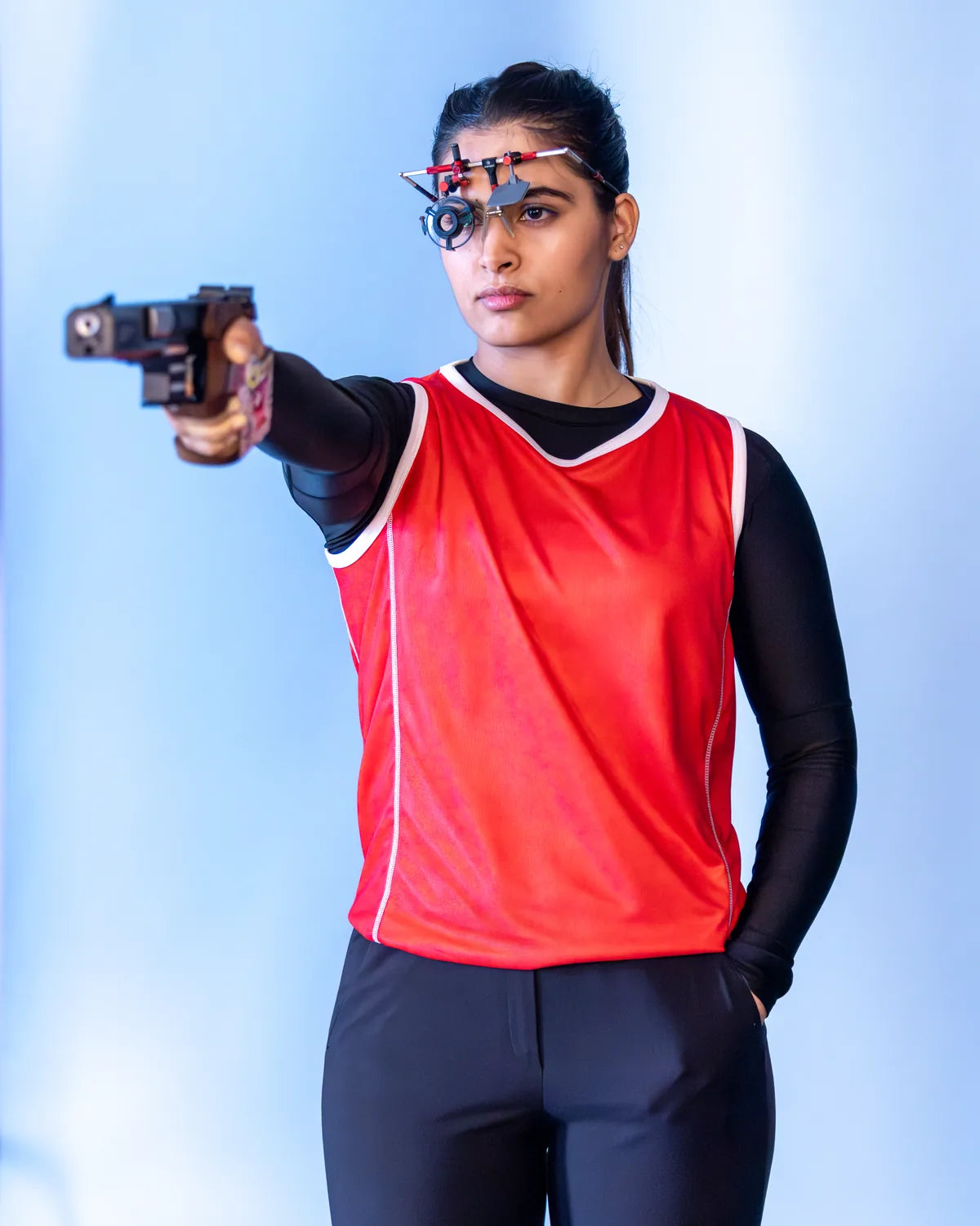 Manu Bhaker, Olympic medallist and Tomahawk brand ambassador, aiming her pistol